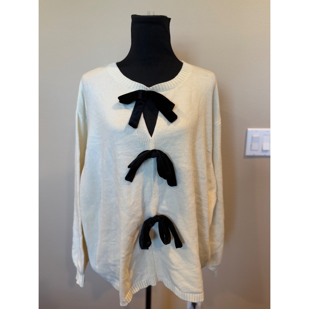 Eloquii Elements Ivory Bow Sweater Plus Size 26/28 Womens Long Sleeve